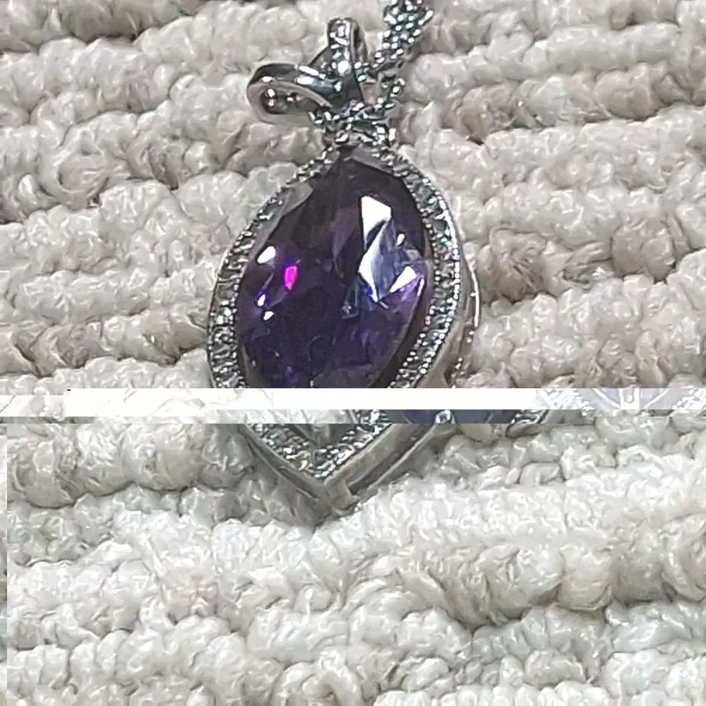 Purple Marquise Cut Crystal Rhinestone Silver Tone Pendant Chain Necklace Women
